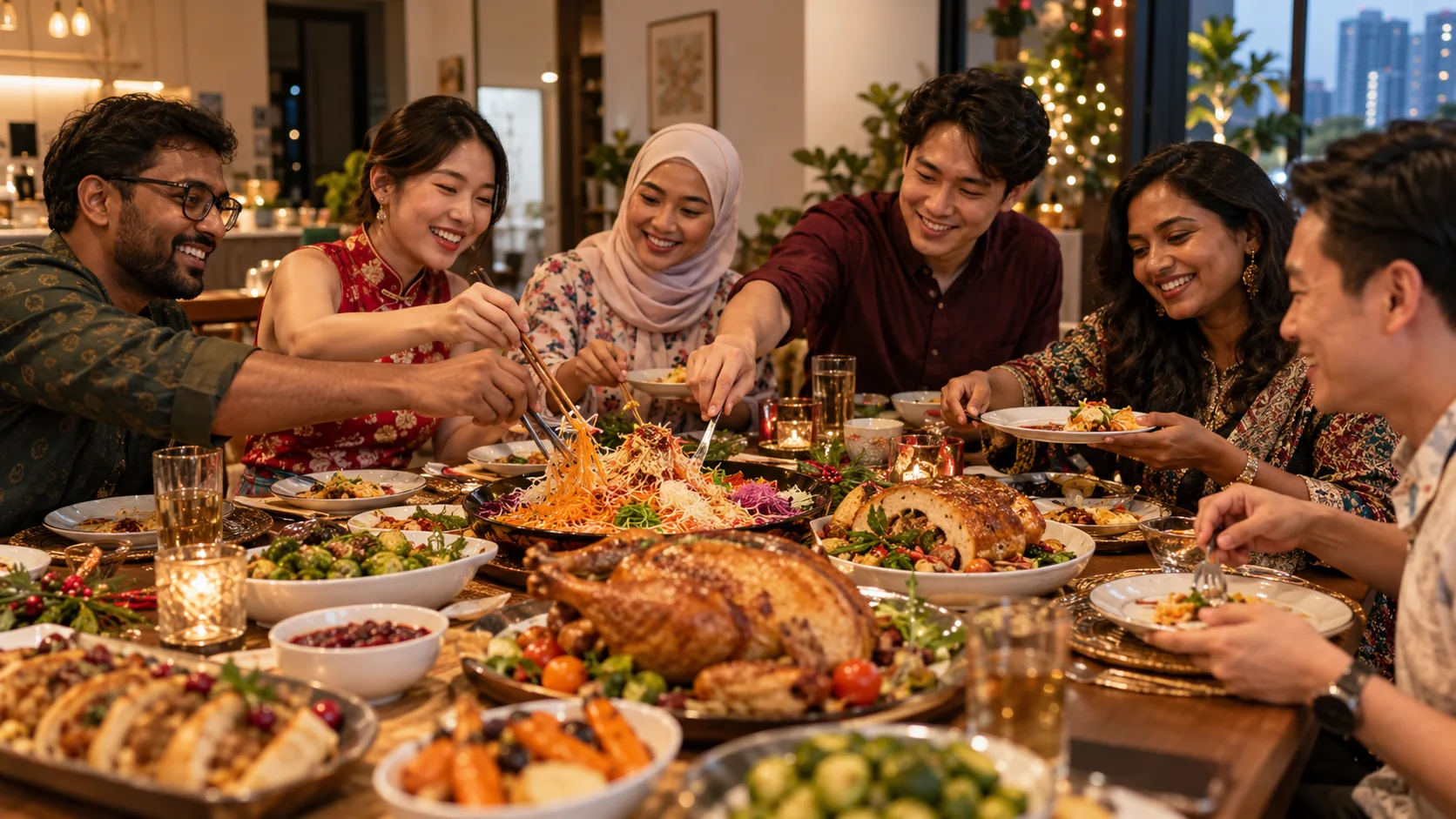 Friends from different backgrounds sharing festive dishes around a dinner table in Singapore