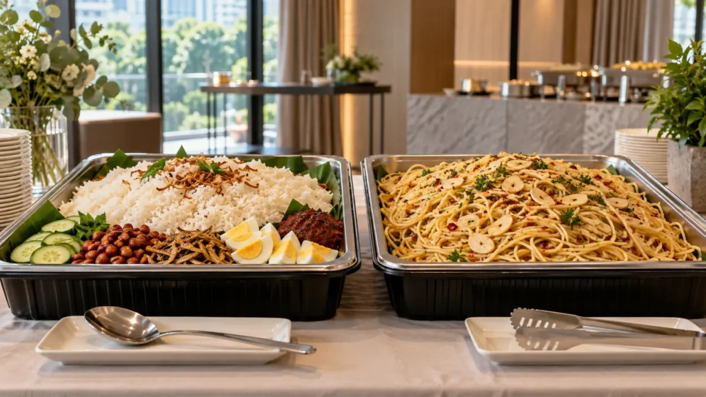 Nasi lemak and aglio olio catering party menu by De’Vour