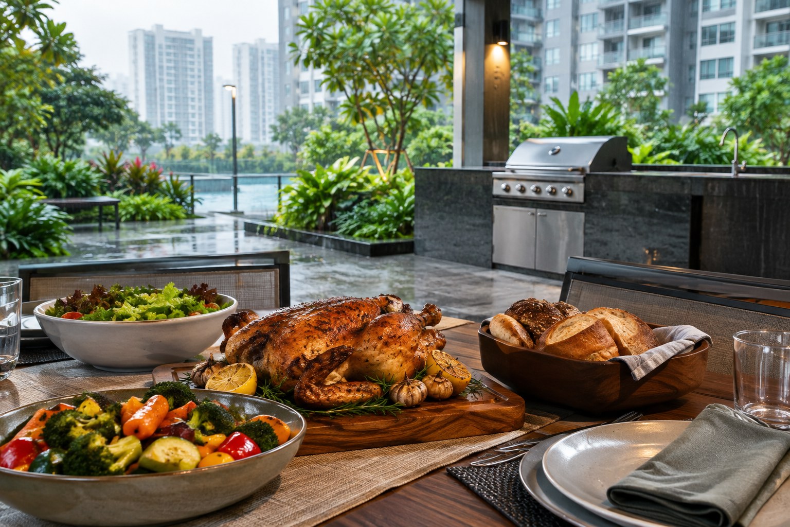 Rainy-day Singapore BBQ gathering with prepared roasts and sides under a sheltered dining area