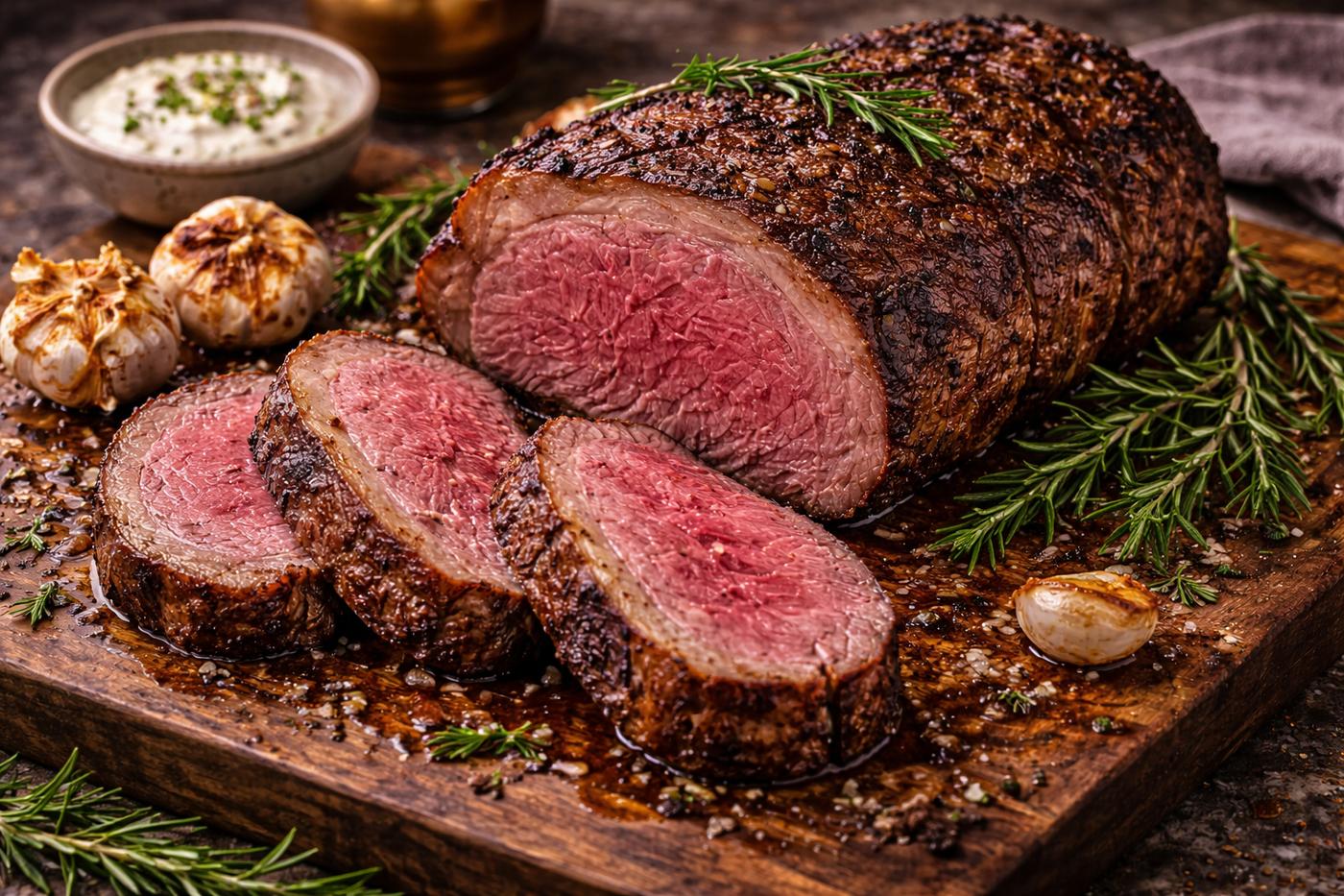 Sliced medium rare ribeye roast with herb crust